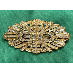 NWOT Art Deco Inspired Geometric Brooch Pin Gold Rhinestone Retro Statement